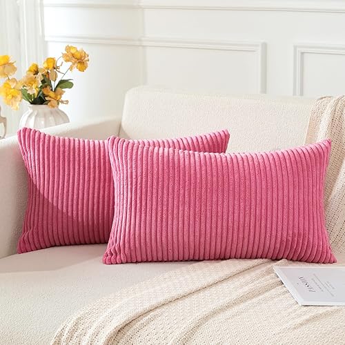 Miniatura 3 de OTOSTAR Juego de 2 fundas de almohada decorativas bohemias de 16 x 24 pulgadas, de pana suave, a rayas lisas, fundas de almohada lumbares para sofá,