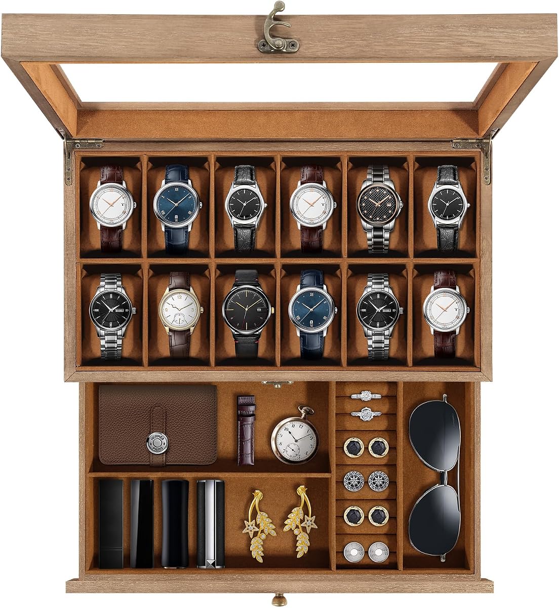 12-Slot Watch Box, 2-Layers Watch Display Case with Glass Lid, Brown | Natural Paulownia Wood, for Jewelry, Watch Band, Sunglasses, for Watch Size up to 52mm, Rustic and Elegant Gift