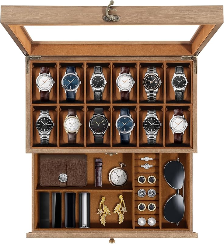 12-Slot Watch Box, 2-Layers Watch Display Case with Glass Lid, Brown | Natural Paulownia Wood, for Jewelry, Watch Band, Sunglasses, for Watch Size up to 52mm, Rustic and Elegant Gift