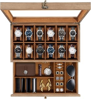12-Slot Watch Box, 2-Layers Watch Display Case with Glass Lid, Brown | Natural Paulownia Wood, for Jewelry, Watch Band, Sunglasses, for Watch Size up to 52mm, Rustic and Elegant Gift