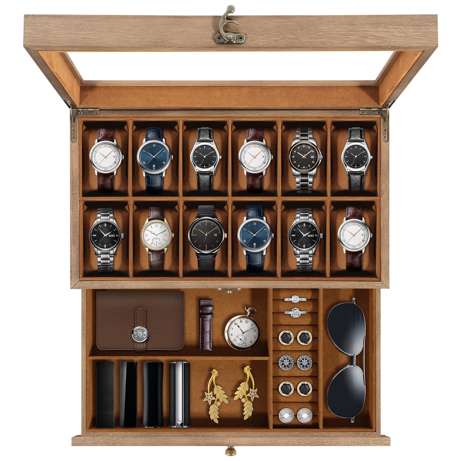 Uten Uhrenbox mit 12 Fächern, 2 Ebenen Uhrenkasten aus Massivholz mit Glasdeckel, Uhrenkissen Seidenbaumwolle, Schmuckaufbewahrung, Geschenkidee，Braunes Futter