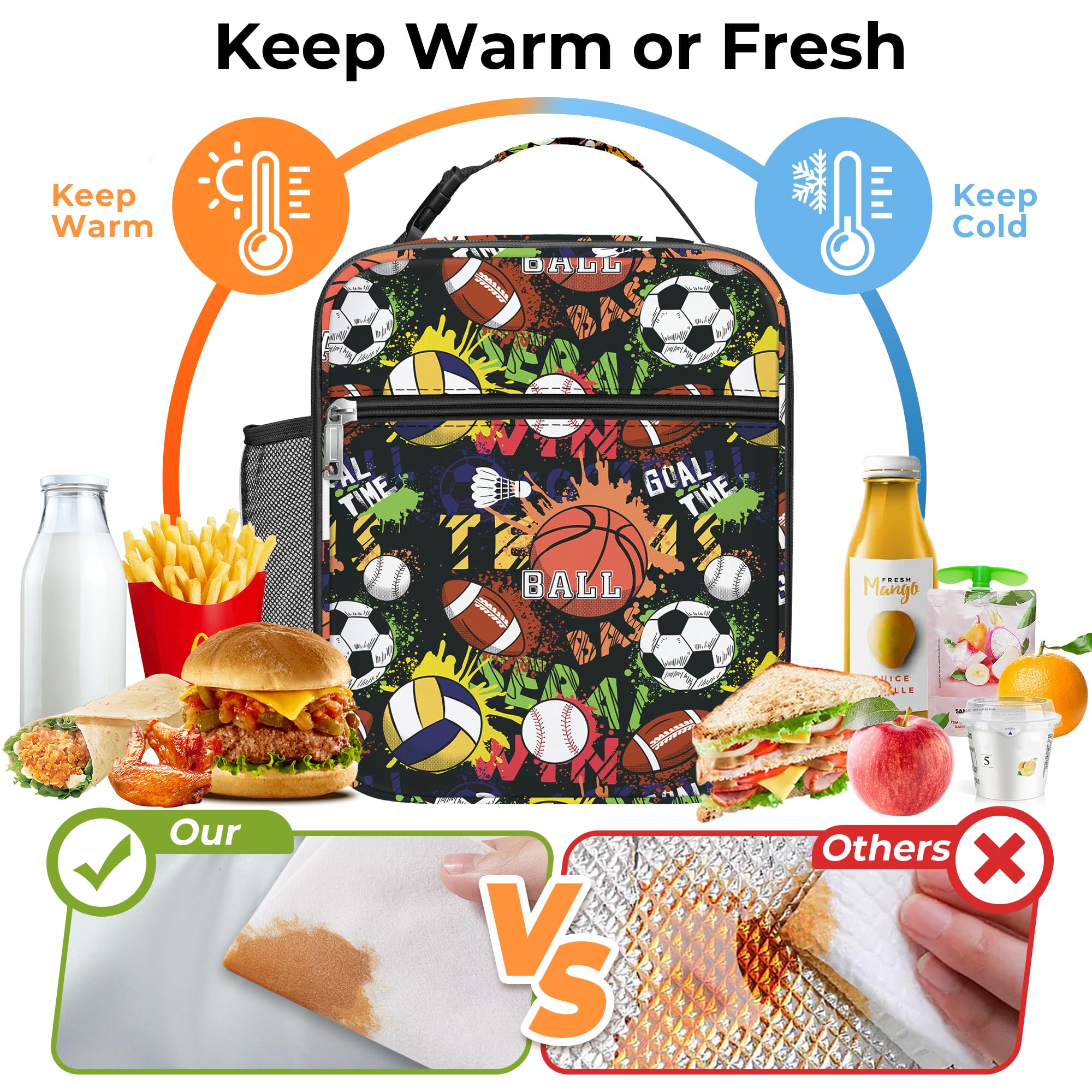 Clastyle Sport Ball Insulated Lunch Bag Large Thermal Cooler Bag for Boys Picnic Lunch Box Tote Black Basketball - Image 3