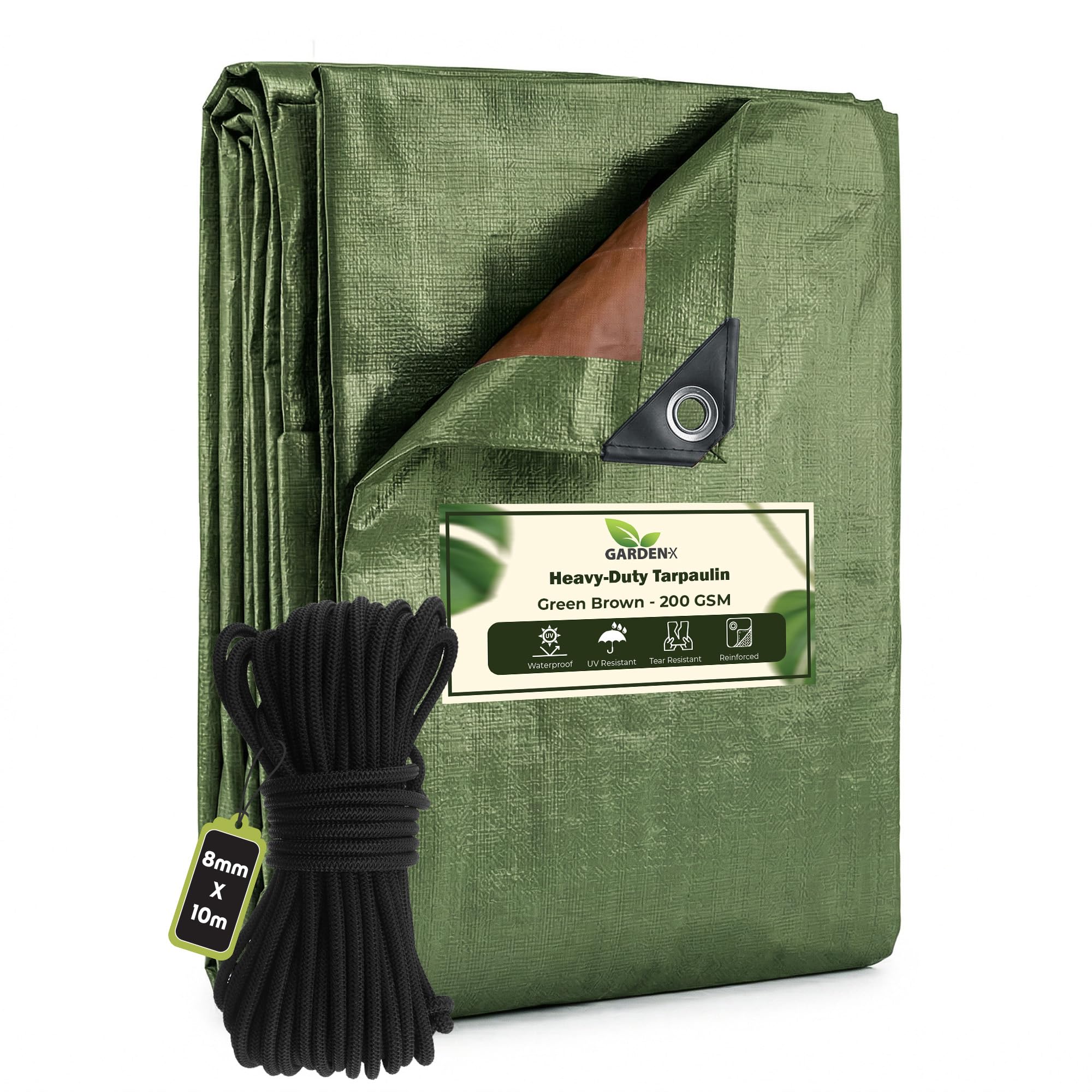 GARDENIX 4m x 4m Green Brown Heavy Duty 200gsm -eyelets every 50 cmTarpaulin Waterproof Tarp Sheet Cover, Groundsheet, Multipurpose, Reinforced + 10 Metres of 8mm Bungee Rope