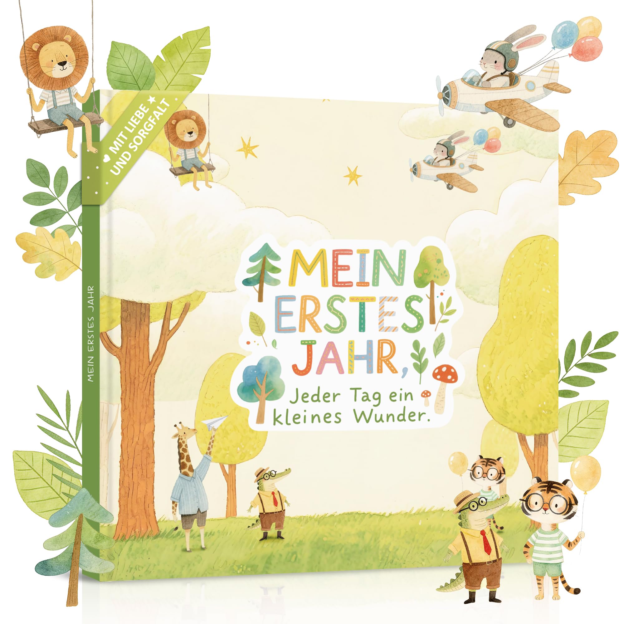 Mein erstes Jahr Babyalbum mit viel Platz für Fotos & stabilem Papier, Fotoalbum Baby Erinnerungsbuch, Babytagebuch zum Eintragen für das erste Lebensjahr 21x21cm, Baby Geschenk Geburt Junge & Mädchen