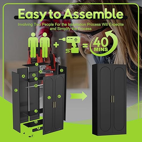 Miniatura 8 de Armario Ropero con Puertas, Gabinete Armario de 71'' con Barra Colgante, Armario de Metal con 2 Estantes Ajustables para Dormitorio, Escuela