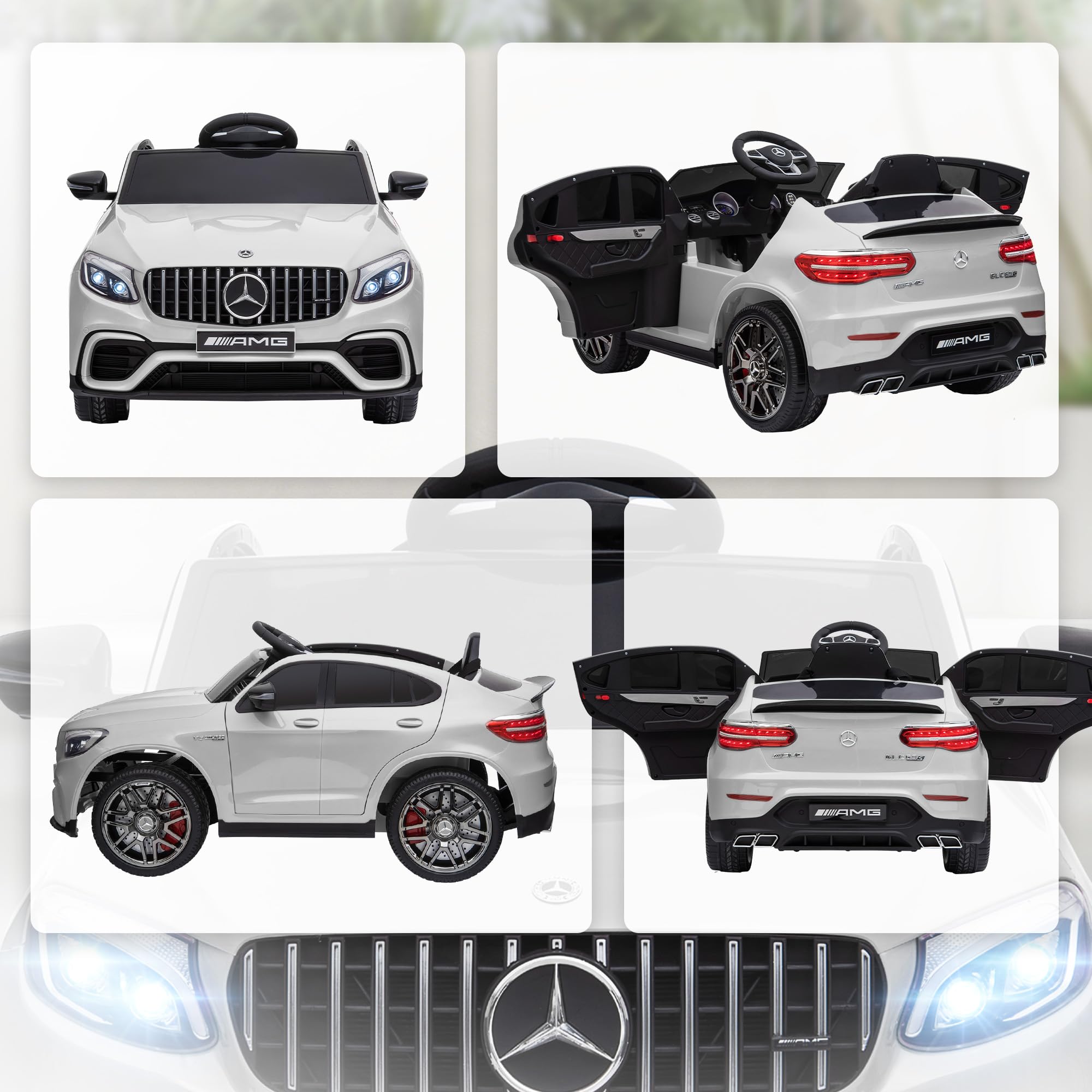 HOMCOM Macchina Elettrica per Bambini 12V Mercedes-Benz AMG GLC63S COUPE, Auto Elettrica per Bambini 3-5 Anni, Velocità 3-5km/h, con Cintura di Sicurezza, Telecomando e USB per Musica MP3, Bianco