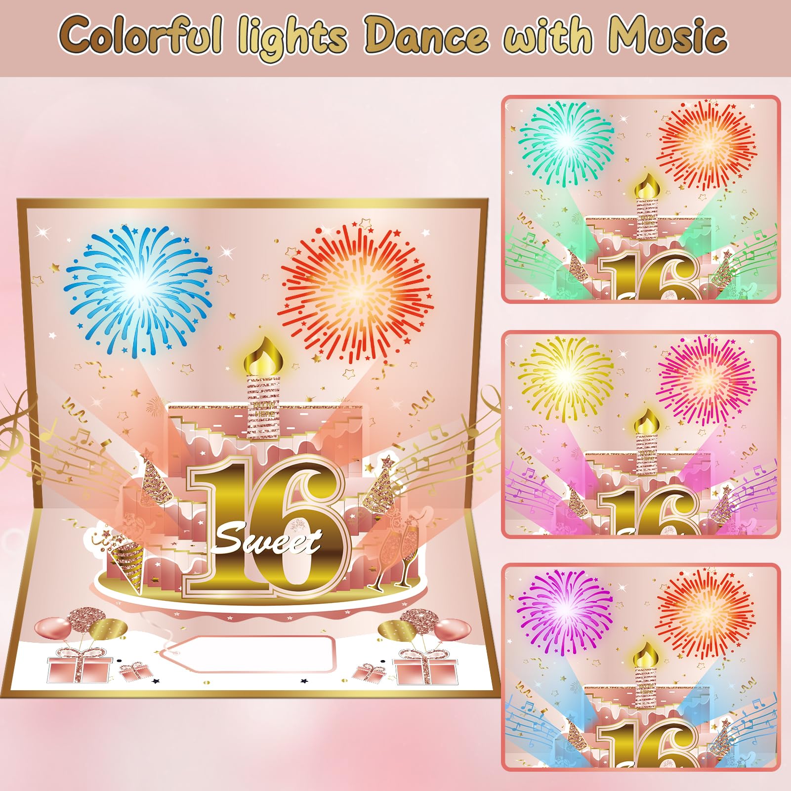 Turypaty Sweet 16th Birthday Cards Pop Up 3D Cake – Feuerwerk & Musik & Ausblaskerze Licht Lustige Happy 16 Party Dekorationen, Roségold 16. Geburtstag Karte Geschenke für Mädchen, Freunde, Tochter