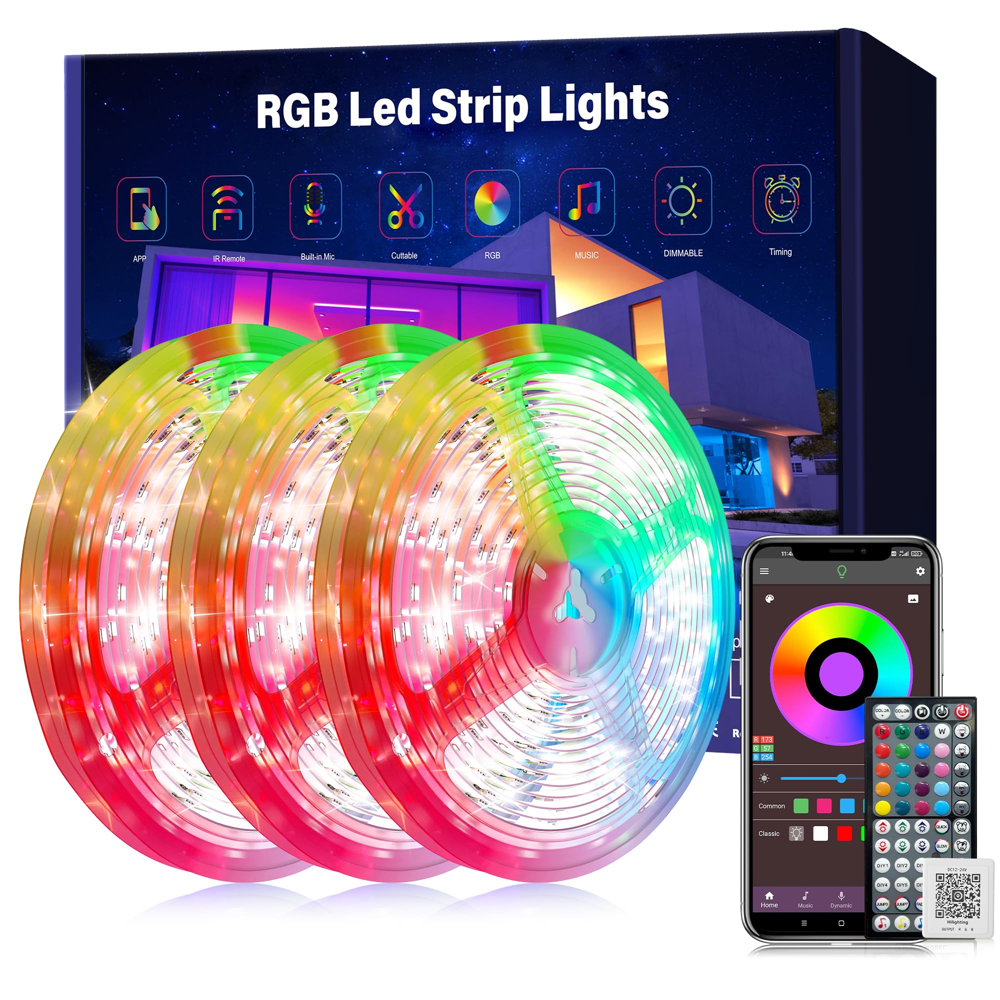 Ledagic - 91,4 m lange LED-Lichter zur Synchronisierung von Musik im Schlafzimmer, Farbwechsel-LED-Lichtstreifen mit Infrarot-Fernbedienung und App-Steuerung