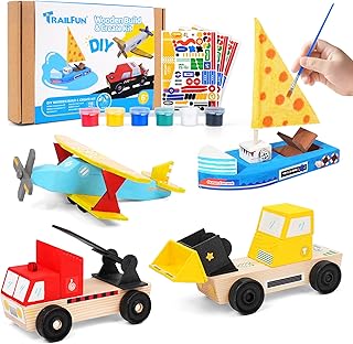Wooden Build Paint Art Crafts Kit, Make Your Own Car Boat & Plane DIY Craft Toys for Kids Boys, STEM Educational Toy Set