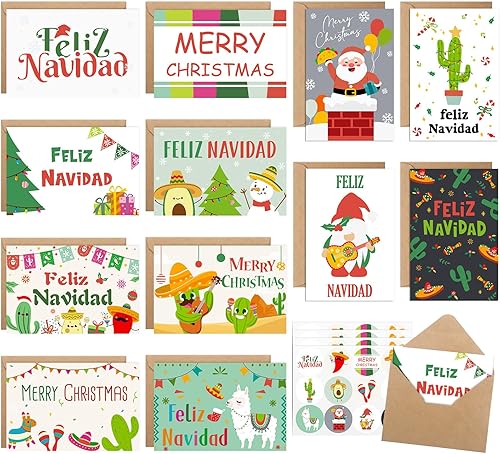 Eersida 48 tarjetas de felicitación de Navidad de México, de 4 x 6 pulgadas, tarjetas de felicitación españolas de Navidad con 48 sobres de papel de