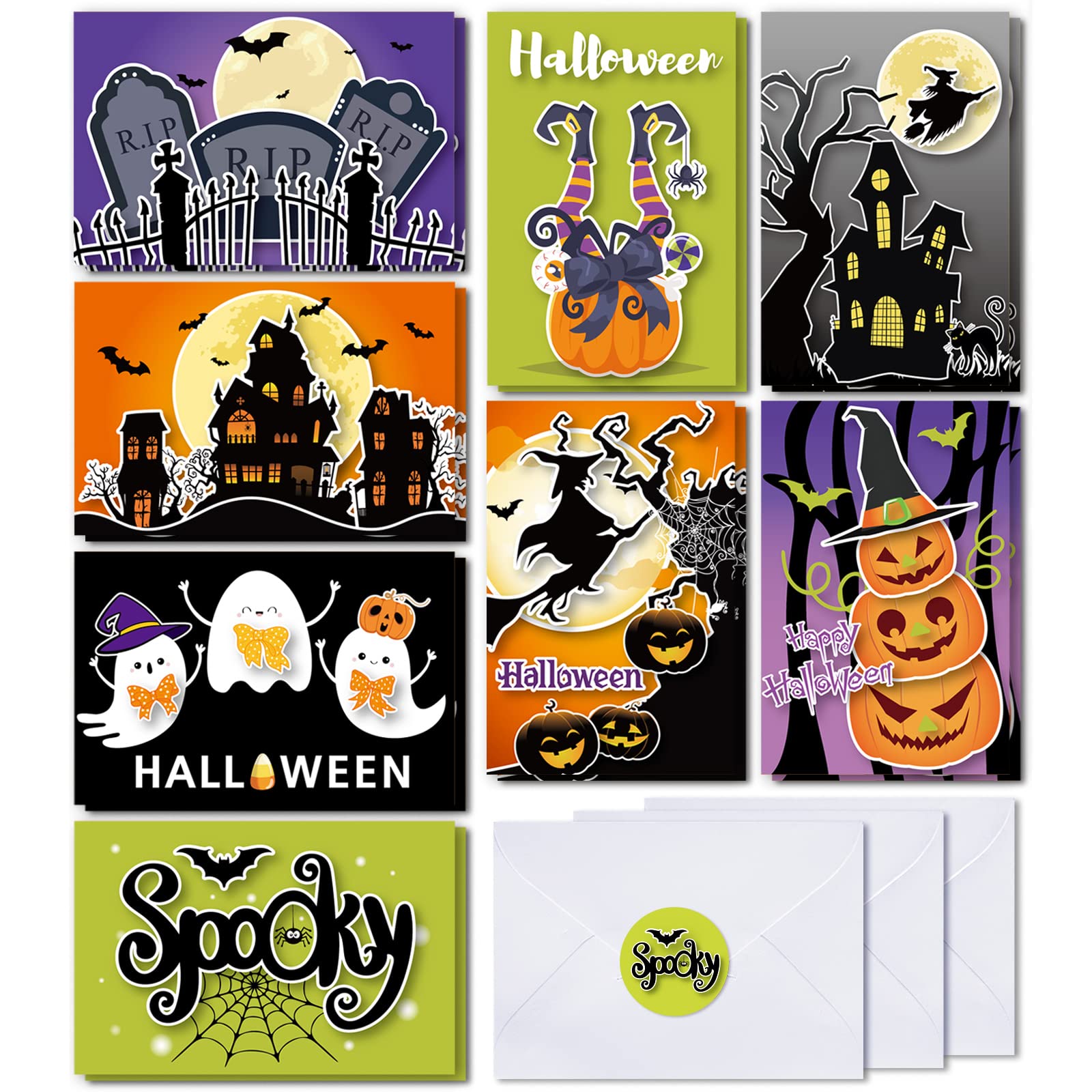 Photo 1 of AnyDesign 32 Pack Halloween Greeting Cards with Envelops and Stickers Ghost Pumpkin Witch Spider Cards 8 Designs Colorful Halloween Note Card for Trick or Treat Party Halloween Party Supplies, 4 x 6inch
