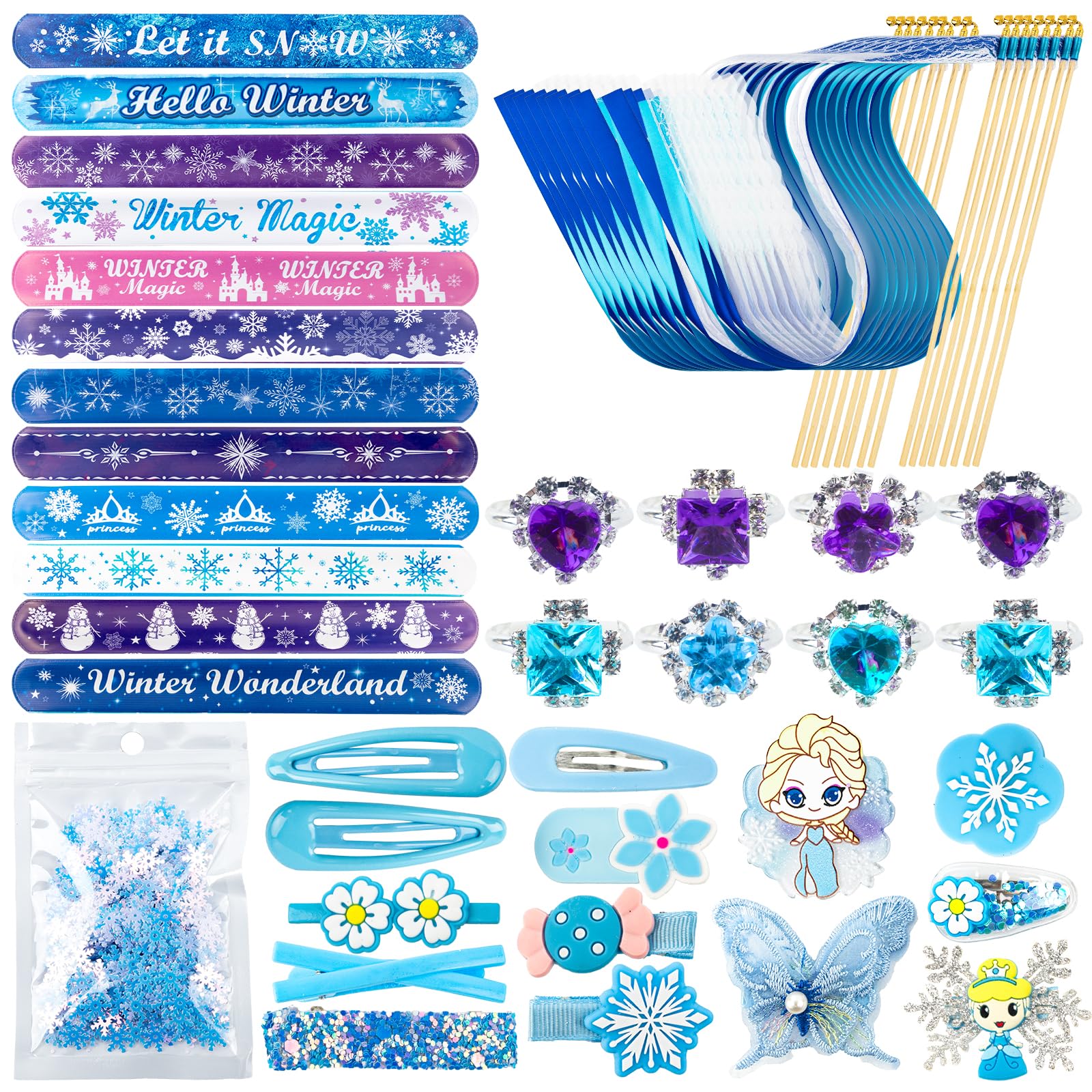 Snowflake Party Bag Fillers for Kids - 642PCS Party Favours with Hair Clips Slap Bracelets Sparklers Rings Snowflakes, Give Away Girls for Pinata Fillers Birthday Toys Favours Class Rewards