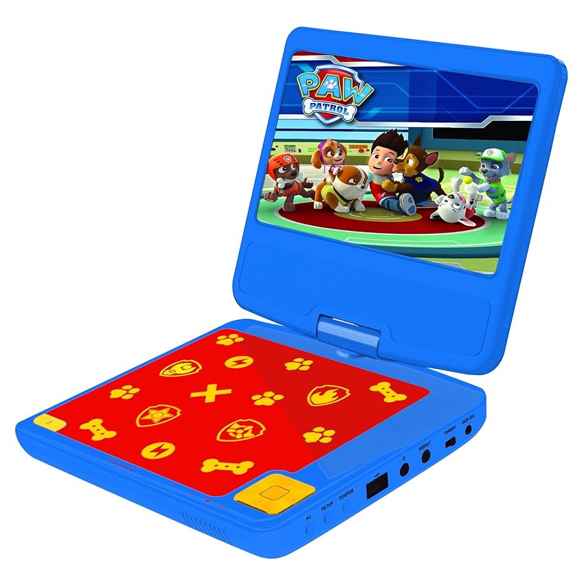 Lexibook, Paw Patrol, Lettore DVD portatile, schermo rotante da 7” per bambini, telecomando, caricatore per auto, porta USB, batteria ricaricabile, blu/rosso, DVDP6PA