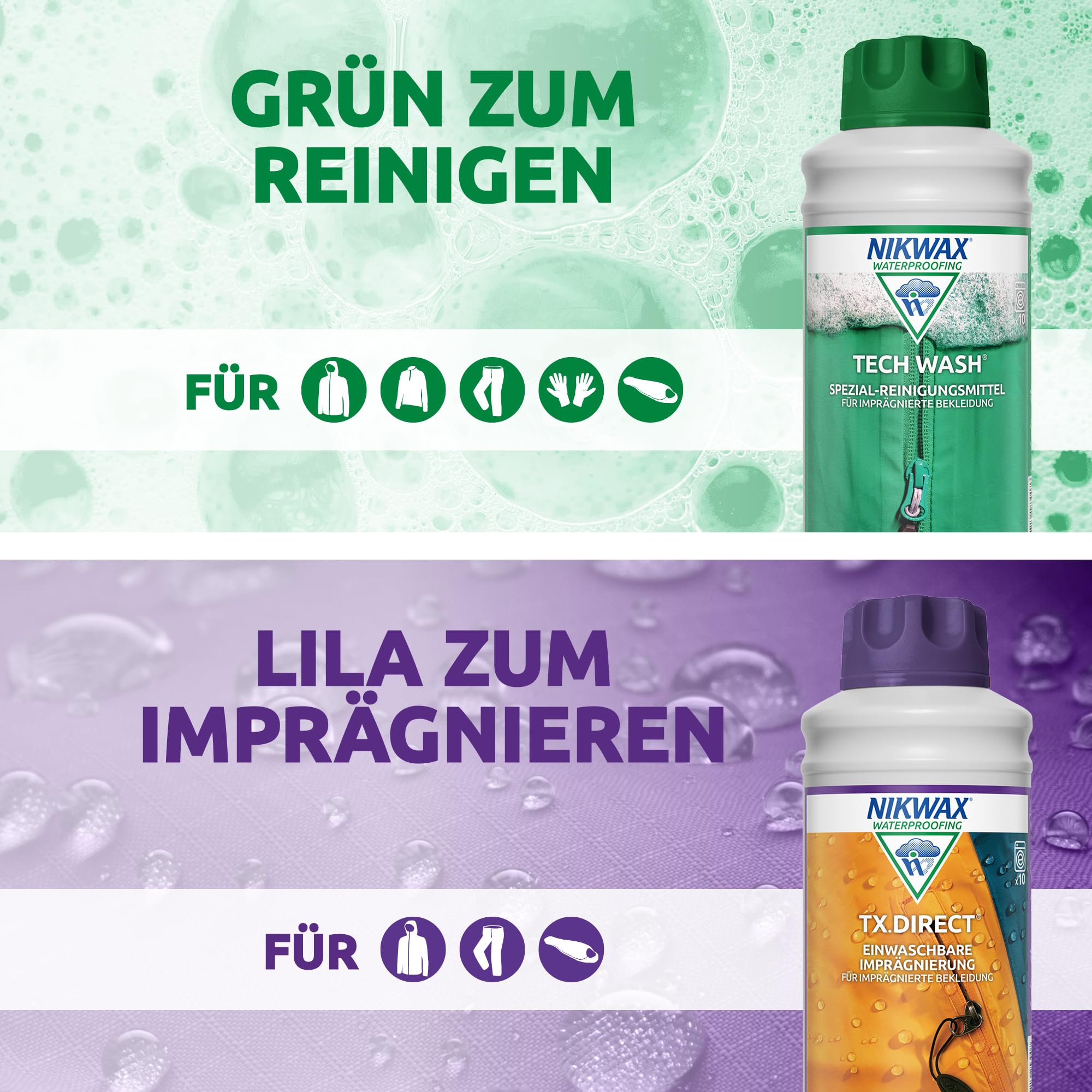 Nikwax Tech Wash und TX.Direct Wash-In Doppelpack 2 x 1L, Technischer Reiniger und Wash-In Imprägnierer für Wetterschutzbekleidung - reinigt, imprägniert, revitalisiert die Atmungsaktivität
