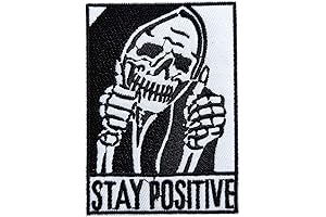 Funny Iron-On Patch - Stay Positive Skull Thumbs-Up