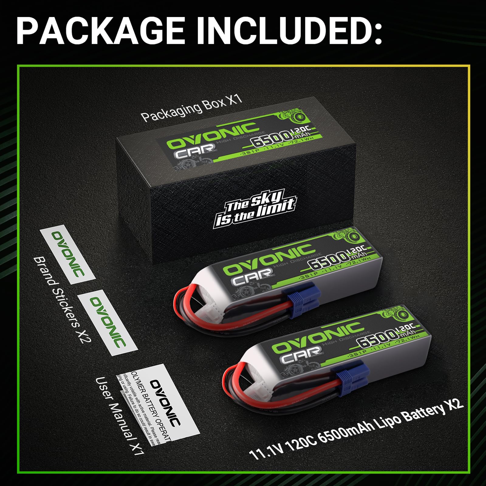 OVONIC Lot de 2 batteries Lipo 3S 11,1 V 6500 mAh 120 C avec fiche EC5 pour voiture, truggy, quadcoptère, hélicoptère, camion, bateau, avion