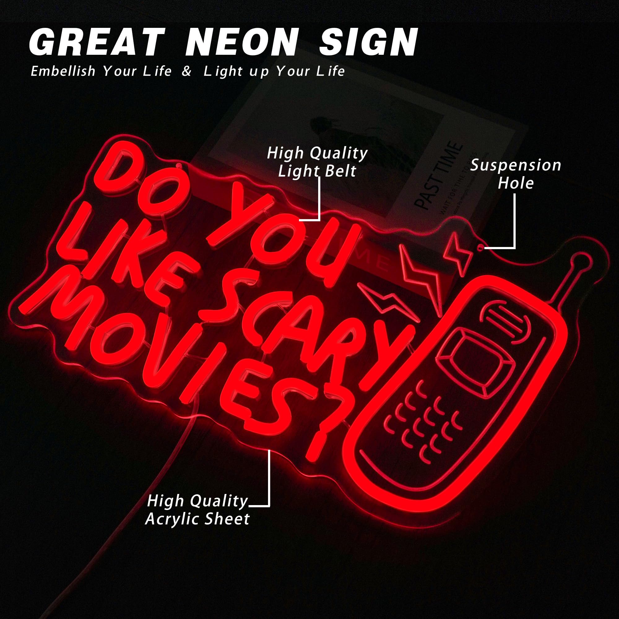 Décoration de film d'horreur néon à DEL avec inscription « Do You Like Scary Movies » à intensité variable pour salle de cinéma, Halloween, fêtes sur le thème gothique, cadeaux de décoration (38,1 x