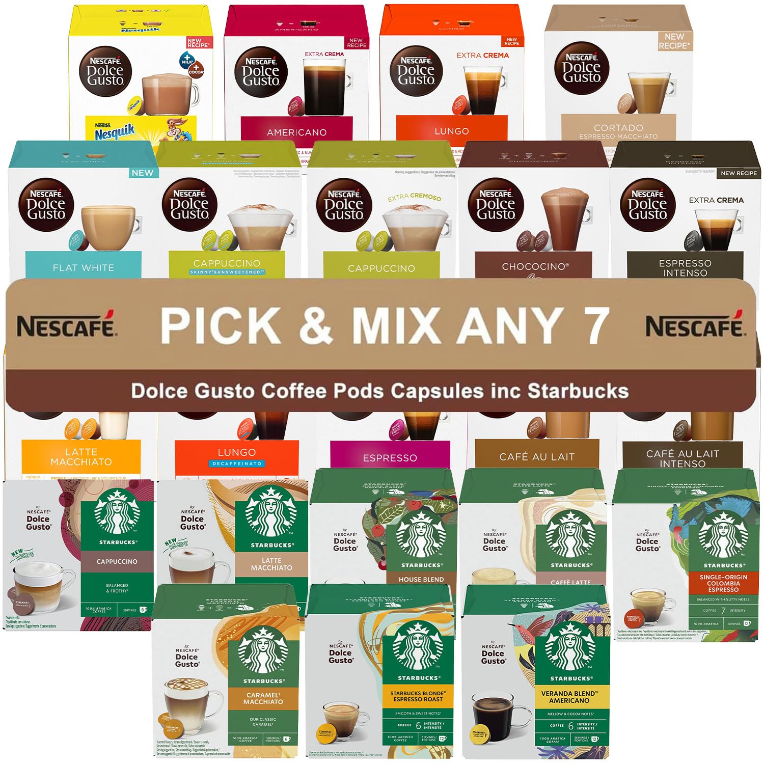 Nescafe Dolce Gusto & Starbucks Coffee Capsule Pods - Pick & Mix Any 5 Or 7 Boxes (112 Pods) 23 Different Blends