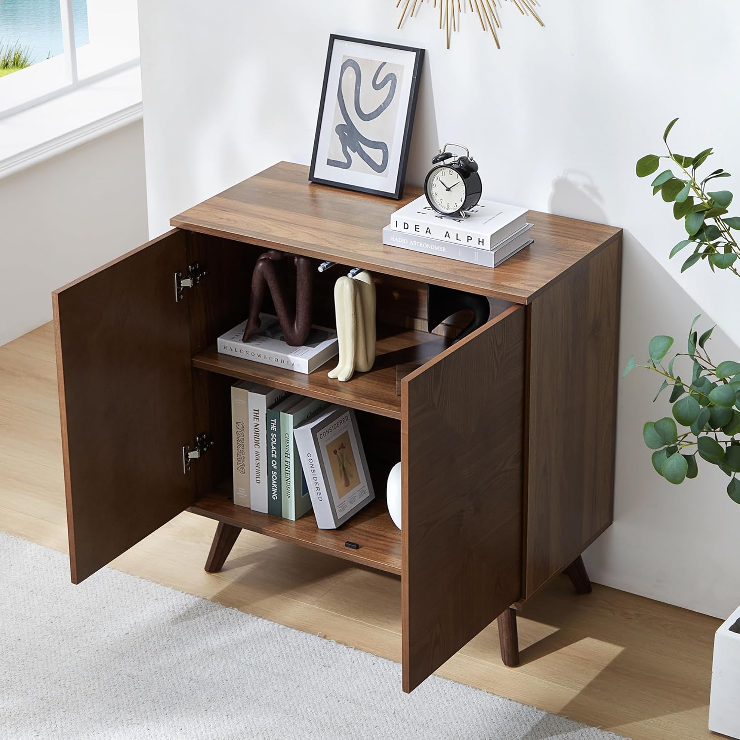 AVZEAR Set of 2 Sideboard Buffet Cabinet with Storage, 63" Mid Century Storage Cabinet with 4 Doors and Adjustable Shelf, Entryway Accent Cabinet for Living Room Hallway Kitchen Dining Room (Walnut)