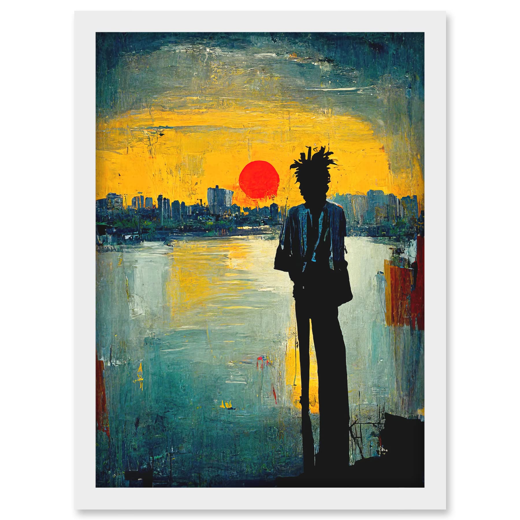 Doppelganger33 LTD Dramatic Sunset Silhouette City Skyline Lake Oil Painting Artwork Framed A3 Wall Art Print