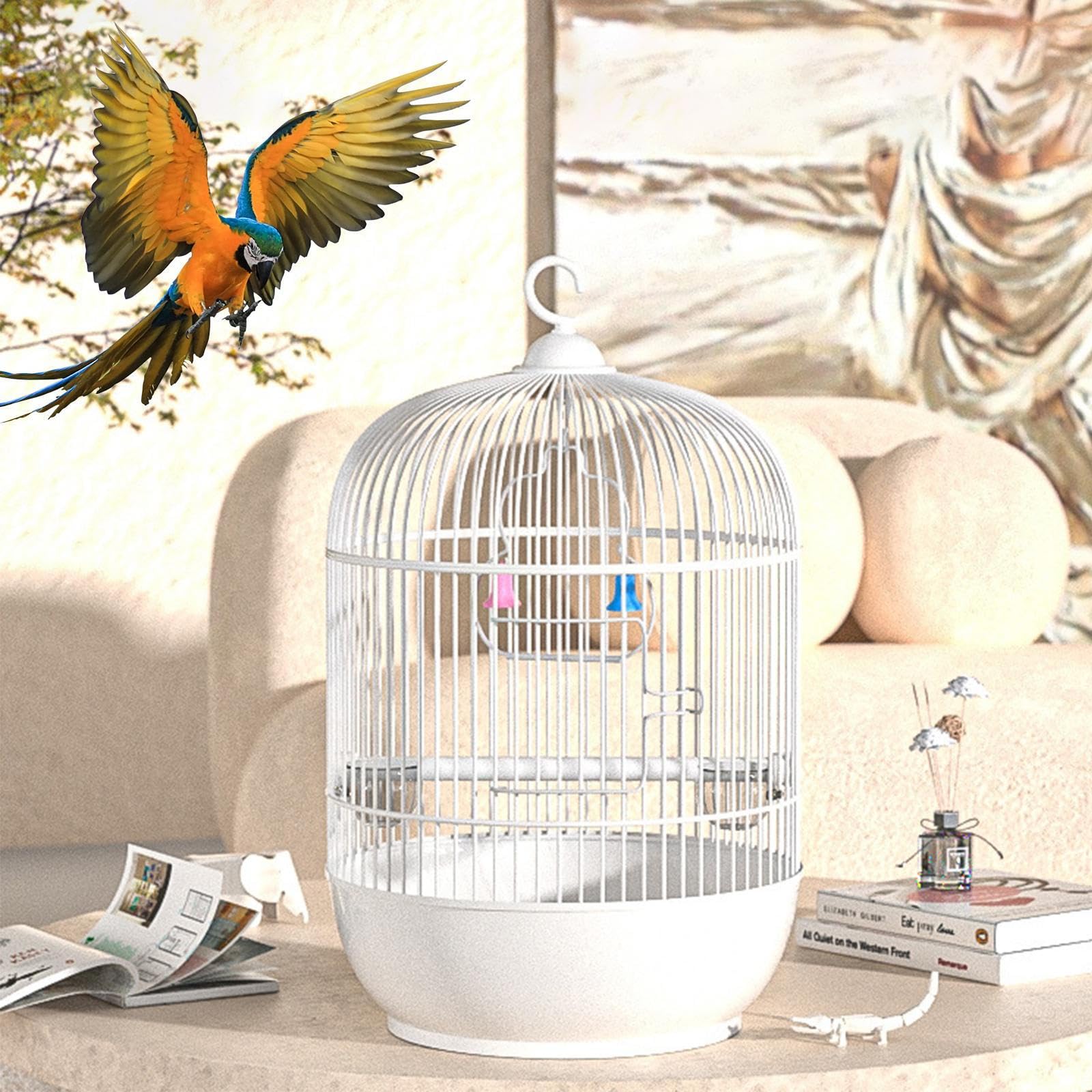 Bird Cage, Parakeet Carrier, Travel Cage, Sturdy Iron Frame, Built-In Handle and Perch, Ideal for Travel or Home Use, 9.05x9.05x14.57 Inches, White Color, 1 Piece