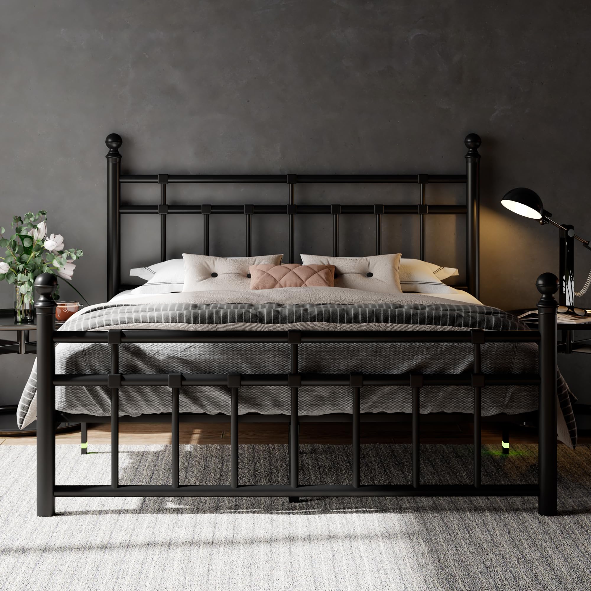 Feonase Queen Metal Platform Bed Frame with Victorian Classic Iron-Art Headboard & Footboard, Steel Slats Support, 12" Under Bed Storage, No Box Spring Needed, Noise-Free, BlackRecycled Claim Standard Blended