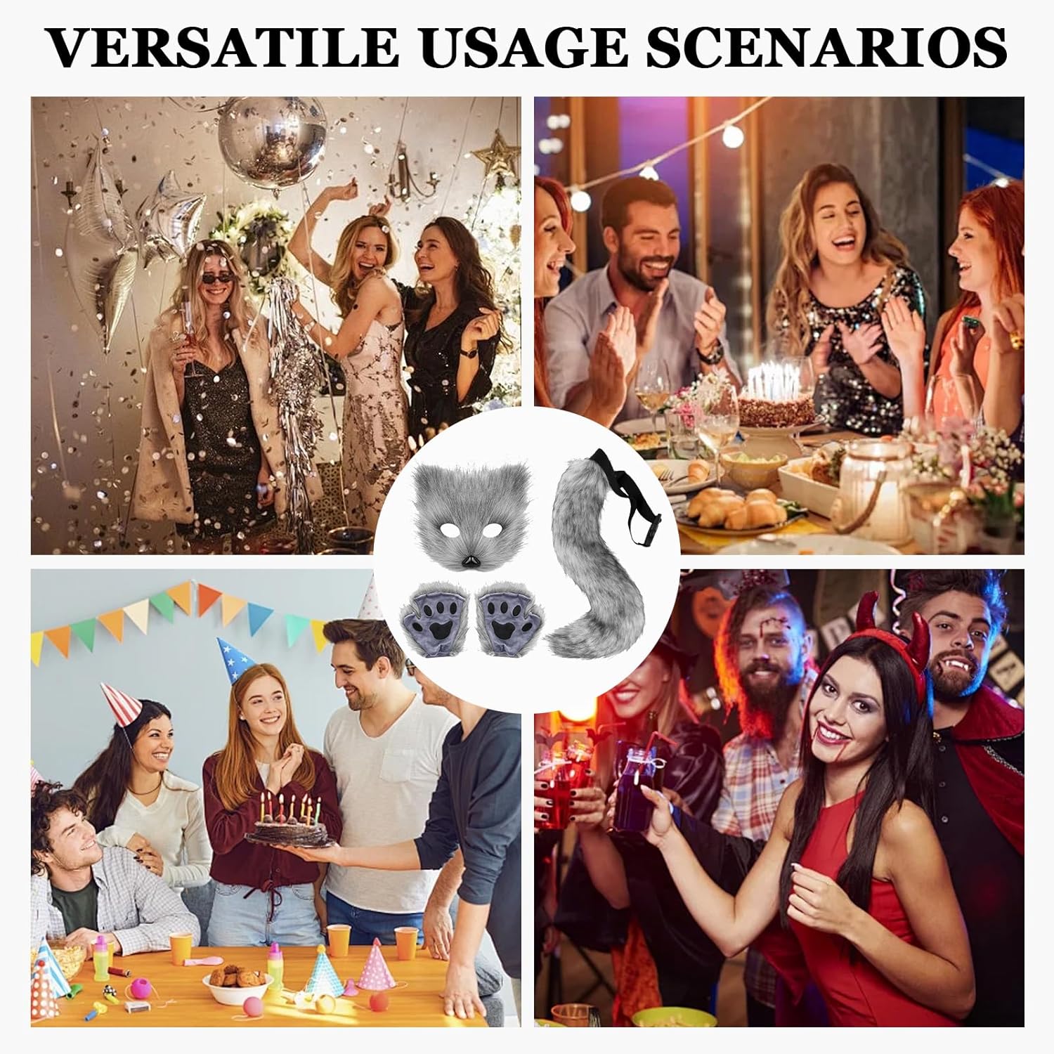 Faux Fur Fox Tail Cat Wolf Cosplay Costume Set Furry Orc Mask and Fox Tail Gloves Set Halloween Christmas Party Girls Women, Mask, a Pair of Gloves and a Tail Three-Piece Set Grey - Image 5