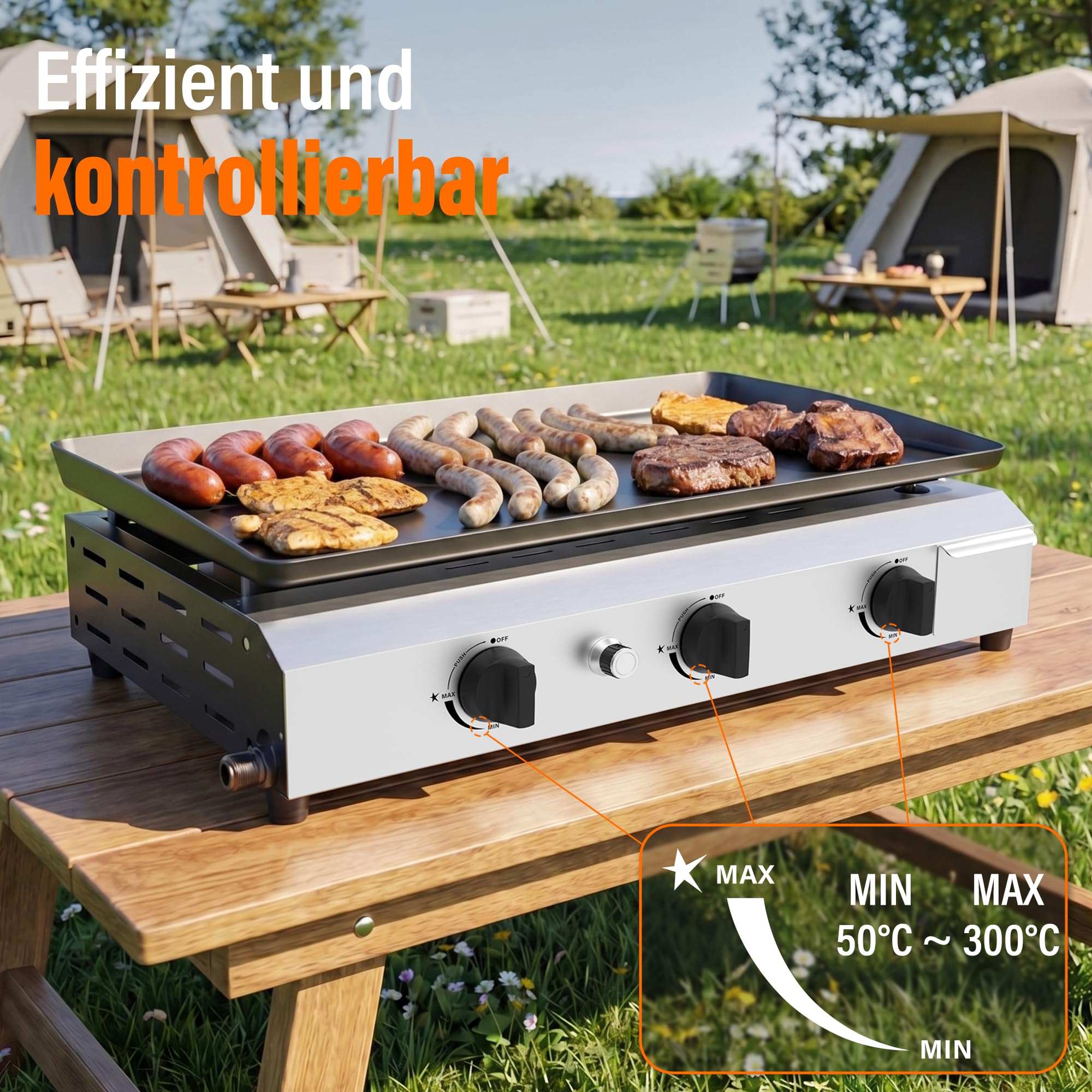 Veralune Gas Plancha, 3-Brenner Gasgrill 6,3 kW, 64*39cm großer Kochbereich | Grillplatte, Kompakt Tischgasgrill mit 50 mbar Druckregler, Keramikbeschichtung, für Butan/Propan, Garten, Picknick & Strand