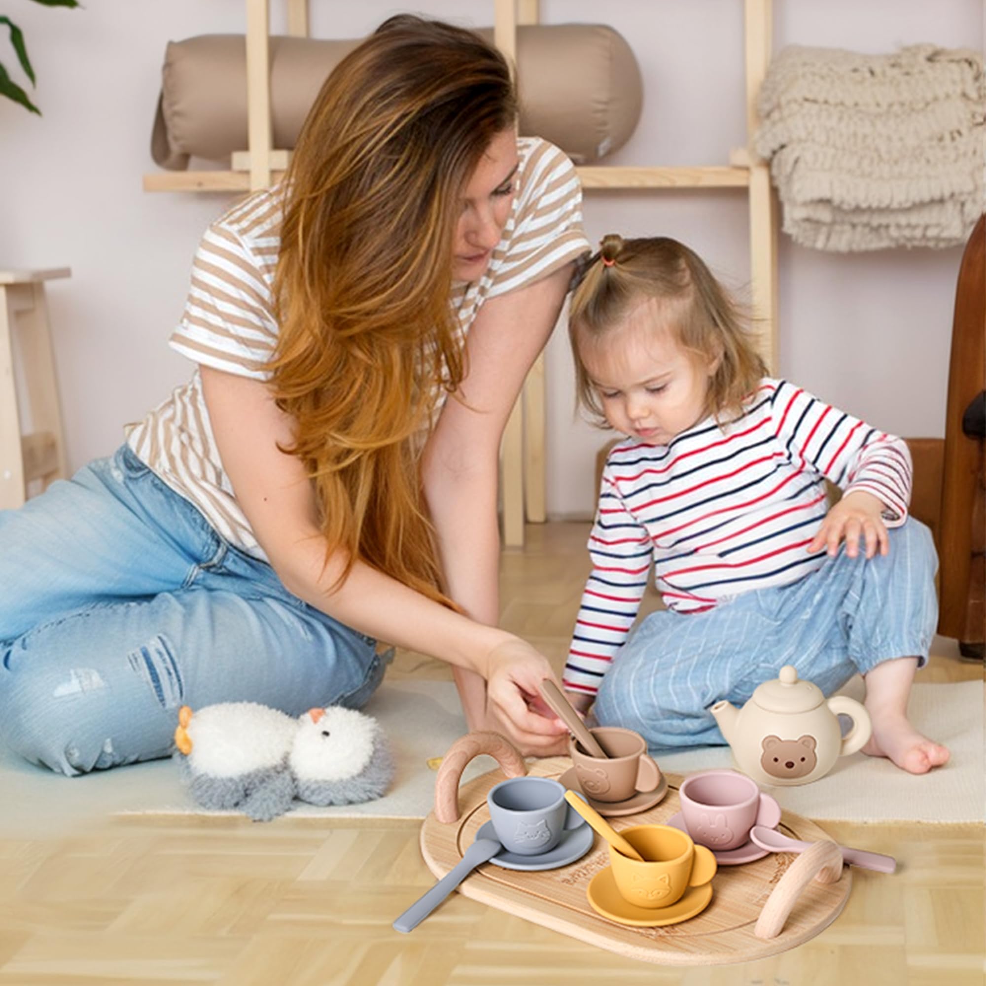 OESSUF Bär Teeservice Kinder Silikon Tee Set für Kinder mit Holz Tablett Küchenzubehör Teeset 14-teiliges, Teeparty Rollenspiele Kinderspielzeug, Geburtstag Geschenk für Mädchen Jungen von 1 2 3