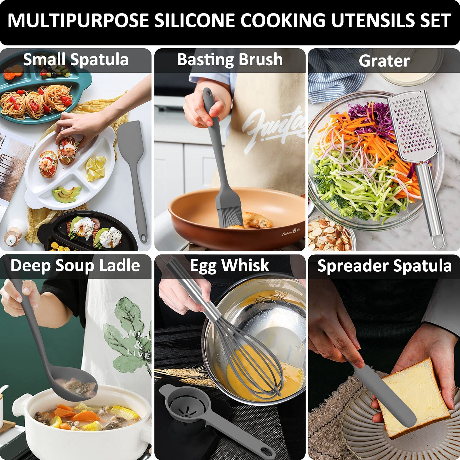 Deedro, set di utensili da cucina in silicone, 16 pezzi, resistenti al calore, con supporto, spatola antiaderente, gadget da cucina per cucinare e cuocere, grigio