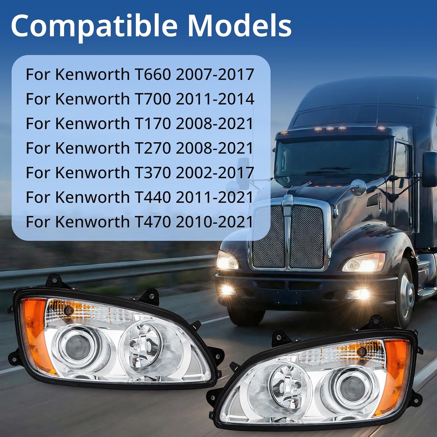 High Soar Headlights for 2008-2016 Kenworth T170 T270 T370 T440 T470 T660 T700,Headlamp Assembly Front with DOT Approved High and Low Beam Turn Signal Projector Replacement Left/Driver Side