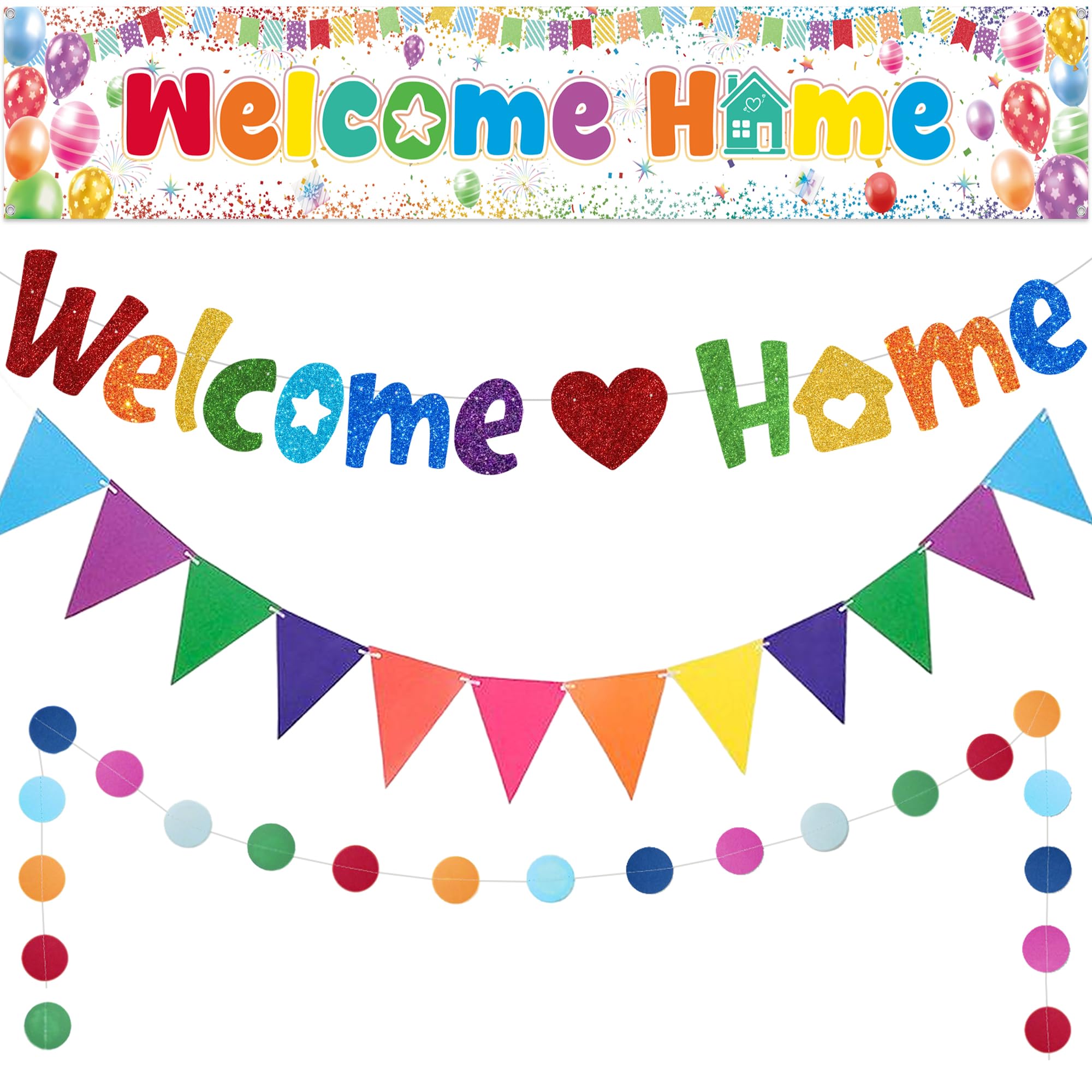 Welcome Home Banners Decorations Colorful - Welcome Banner Bunting 4m Circle Dot Garland Party Supplies, Glitter Banner for Baby Shower Family Back Party Decoration