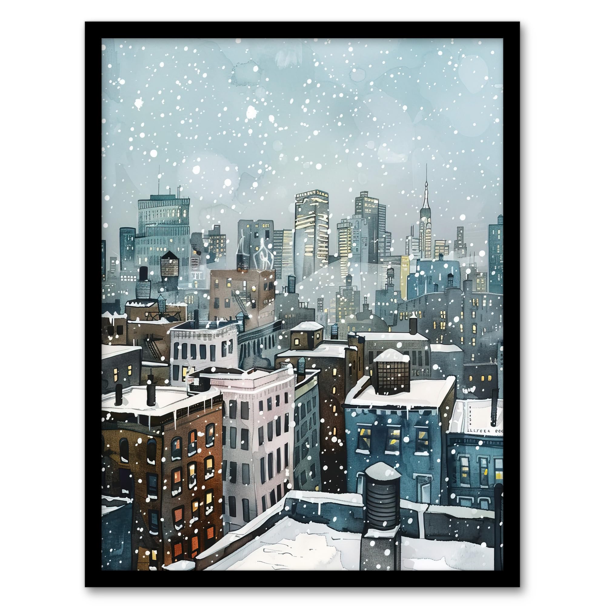 Artery8 New York City Rooftops Winter Snow Cityscape Framed Wall Art - Blue - A4 Size