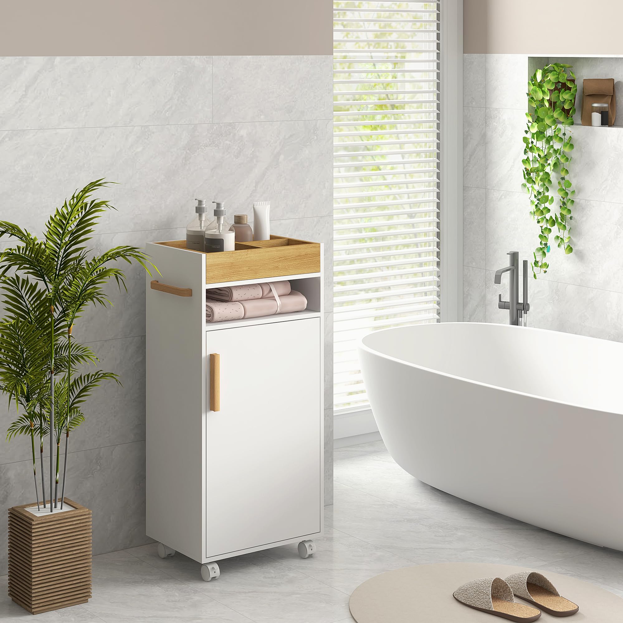 kleankin Armario de Baño Moderno con Ruedas 40x30x88 cm Blanco y Roble | Mueble Auxiliar de Baño, Mueble de Suelo, Estantes Ajustables, Bandeja Extraíble