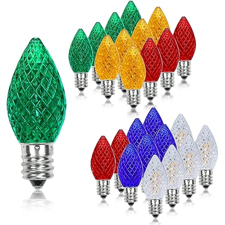 25 Pack C7 Led Replacement light bulbs Christmas, C7 Shatterproof Led Bulbs for Christmas String Lights, E12 Candelabra Base, Commercial Grade Dimmable Holiday Bulbs, Multicolor