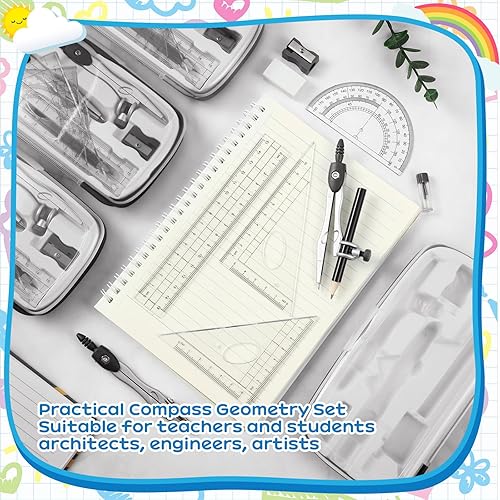 Miniatura 7 de Teling 12 Sets Math Geometry Kit 10 Pcs Compass for Geometry Set Includes Rulers Protractor Eraser Compass Pencil Sharpener Lead Refills Pencil for