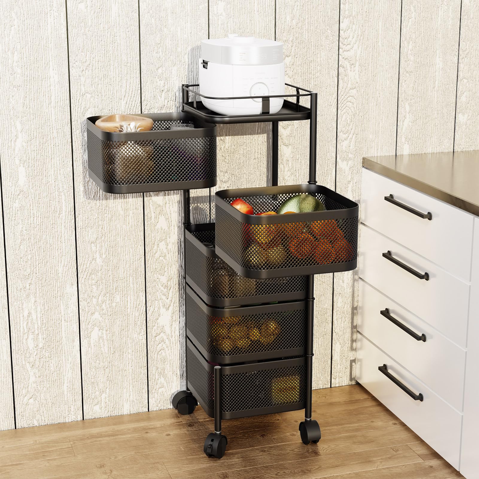 Saterkali Carrello portaoggetti da cucina a 5 ripiani, scaffale rotante per verdure, con ruote a 360 gradi, ripiano girevole per frutta e verdura, cestino girevole per cucina, bagno, bianco, 5 strati