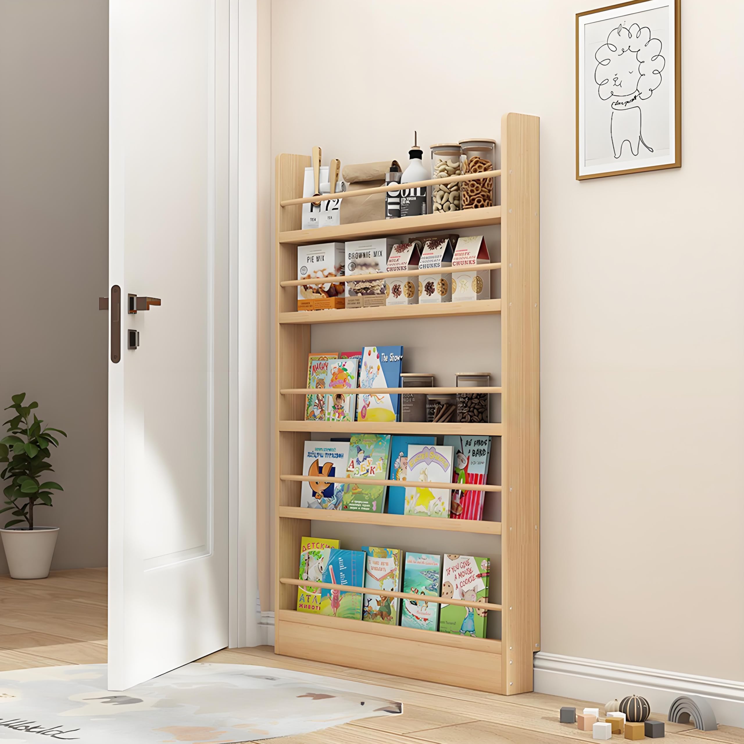 Wooden 3/4/5/6 Tier Behind The Door Bookshelf, Tall Narrow Floor Standing Bookcase, Space-Saving Storage Organizer for Books, Bedroom, Living Room, Office Wood Color 39.4x3.9x57.1