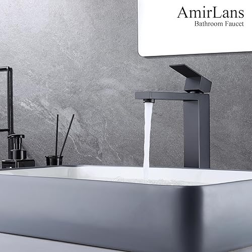 Miniatura 6 de Grifo de lavabo de baño de un solo agujero, color negro mate, grifo de lavabo de baño alto AmirLans de acero inoxidable negro grifo de fregadero con