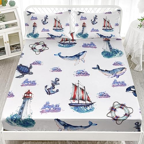 Miniatura 4 de HOSIMA Juego de cama individual con diseño de animales oceánicos en una bolsa para niños y niñas, sábana bajera con 2 fundas de almohada, diseño de
