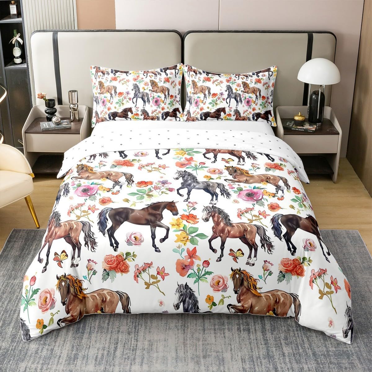 Manfei Cherry Blossom 100% Organic Cotton Duvet Cover Set Spring Pink Flowers Comforter Cover Set (Not Comforter) Floral Bedding Set Queen Size 3 Pcs