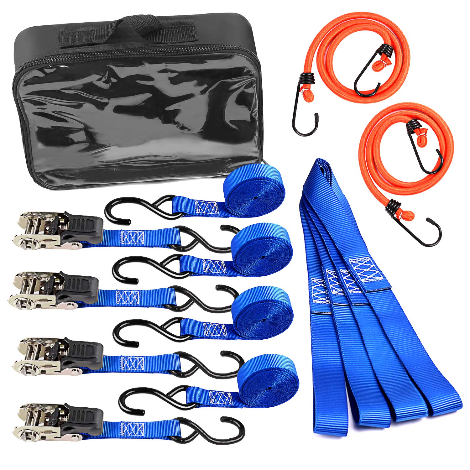 14 PZ Cinghie Fissaggio a Cricchetto e Gancio per Auto e Portapacchi | 4 Cricchetti, 4 Ganci, 4 Morbide, 2 Elastiche, Resistenti, Rivestiti, 500lb, Custodia, Auto, Moto, Bici, Portapacchi