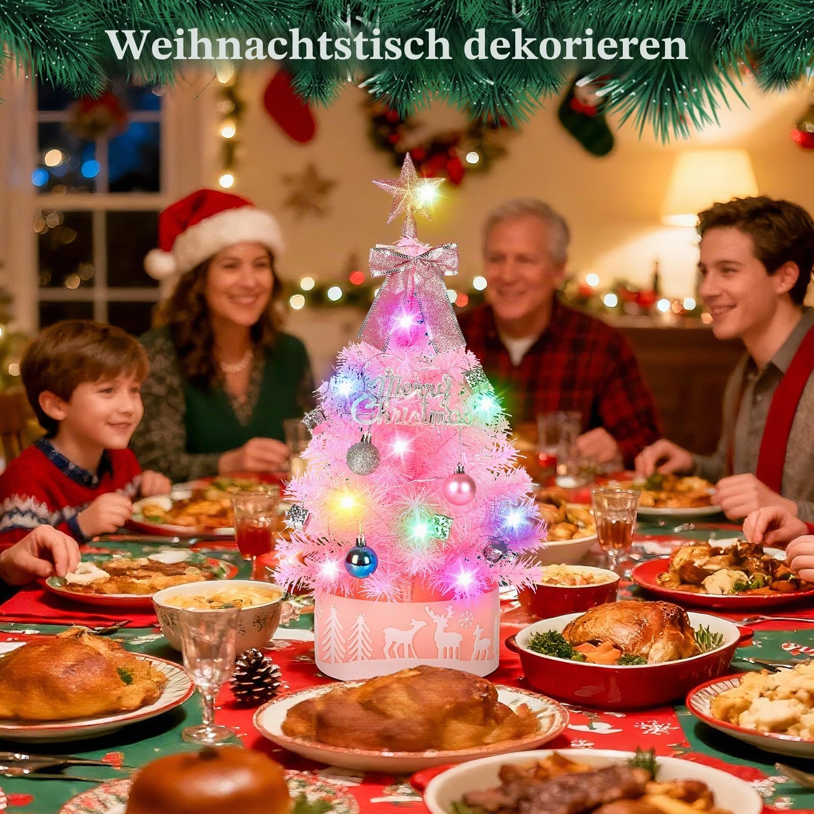 60cm Pinker Künstlicher Weihnachtsbaum mit Bunten LED-Lichtern - DIY-Deko-Set inkl. Sternspitze, Schleife, Baumrock, Trommeln & Geschenkboxen - Rosa Tischbaum für Mädchenzimmer & Homeoffice