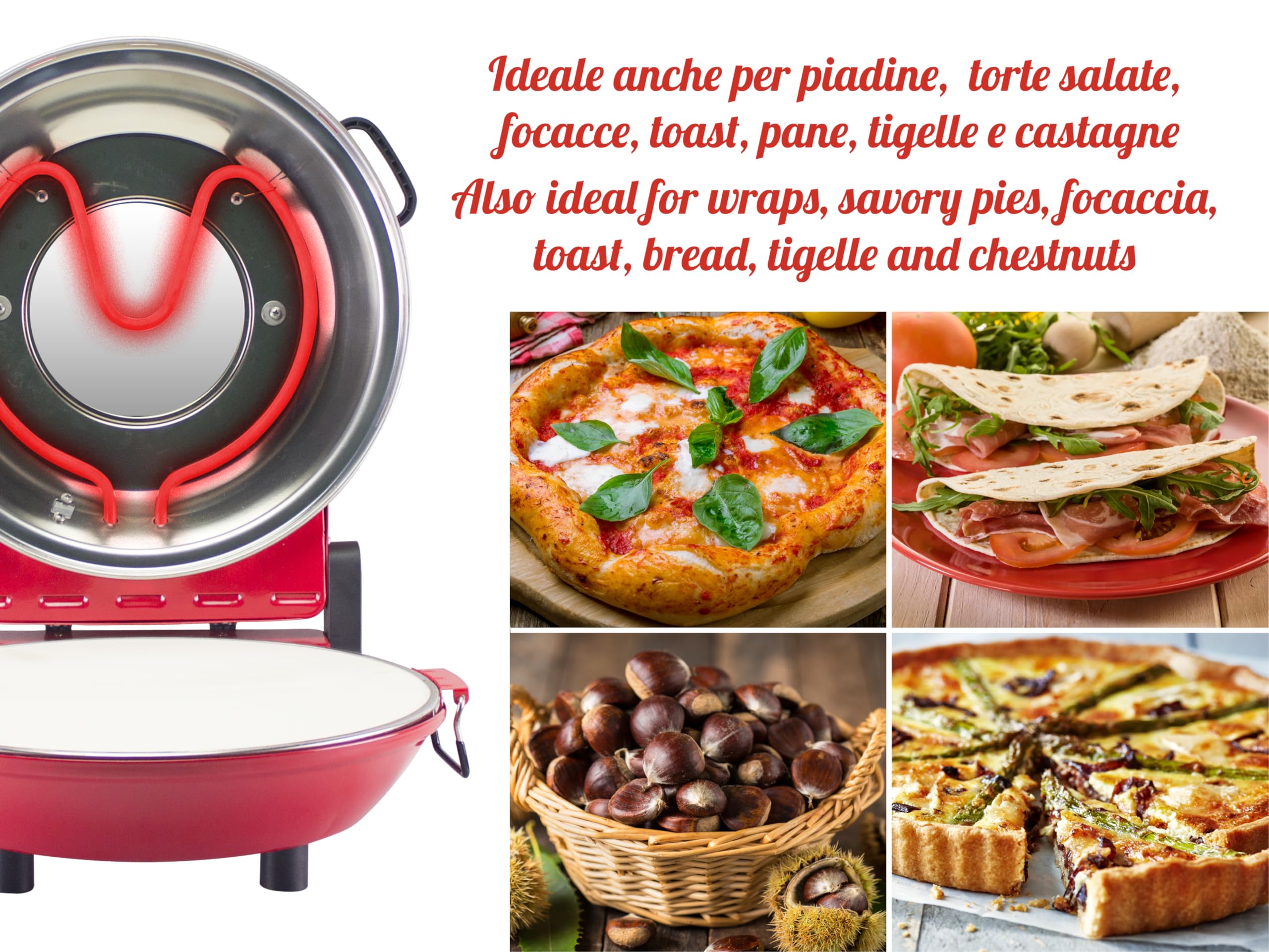 BEPER P101CUD301 Forno Elettrico per Pizza, 1200W, Temperatura 400°C, Piastra da 31 cm, Fornetto per pizza con Piastra Refrattaria Rimovibile, Oblò, Palette in acciaio, Rosso