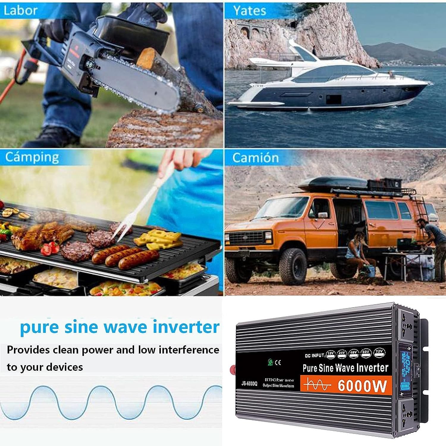 Inverter A Onda Sinusoidale Pura da 3000W 4000W 5000W 6000W per Auto da CC 12V 24V 48V 60V 72 V A CA 110V 120V/220V - 240V, Adatto per Abitazioni, Auto E Camper(3000W,60V to 110V)