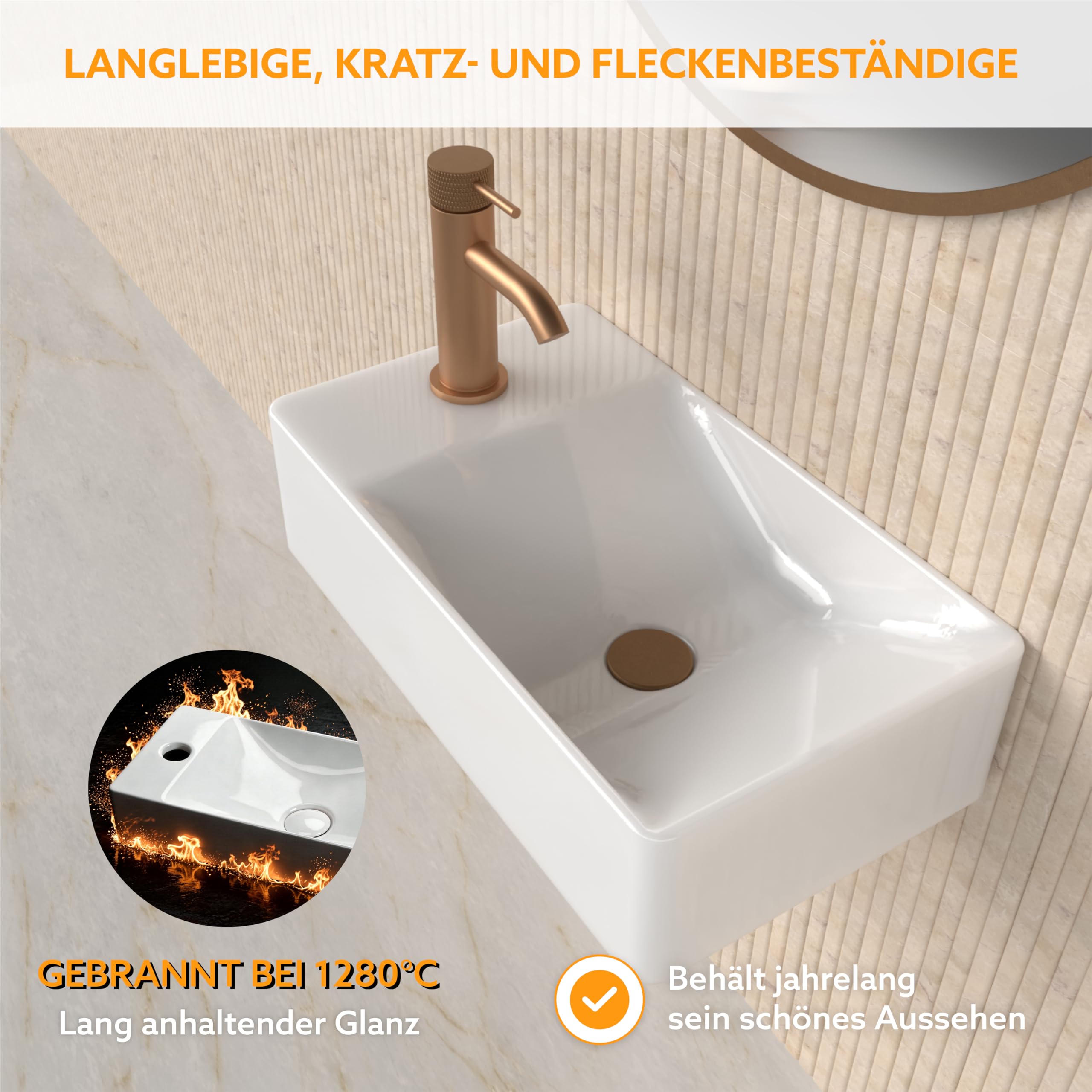 HOGART lavabo pequeño baño 38x22 cm, lavabo cerámica rectangular, lavabo suspendido pared o sobre encimera, con orificio para grifo, sin rebosadero, aseo invitados moderno (38x22 cm (R))