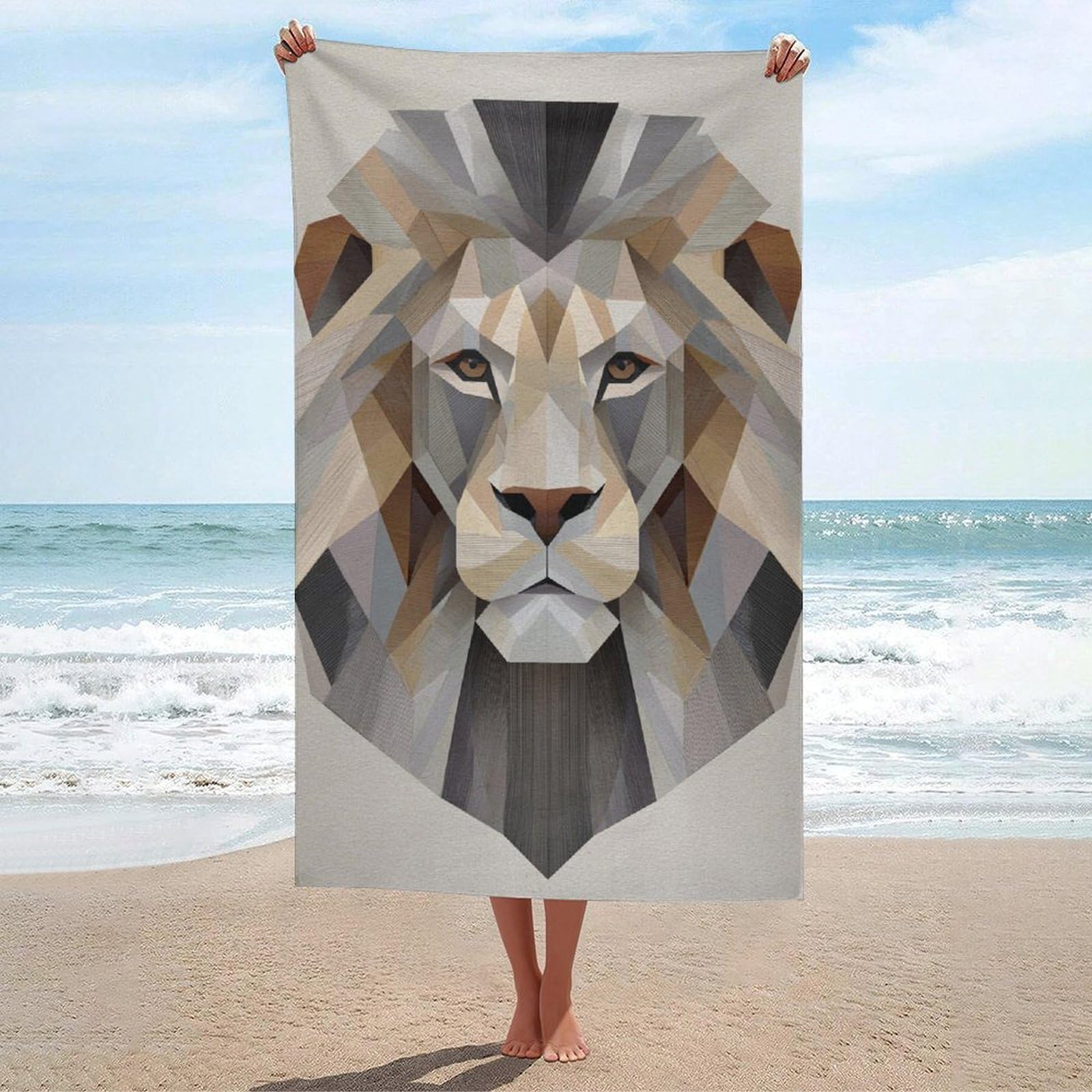 asbwuo Abstract Lion Face Geometric Shapes Beach Towel