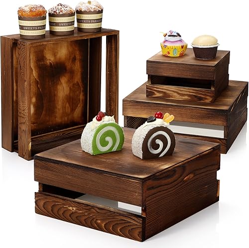 Soporte decorativo de madera para cupcakes, 4 piezas, soporte decorativo para postres y pasteles, caja de madera, soporte rústico para tartas, para