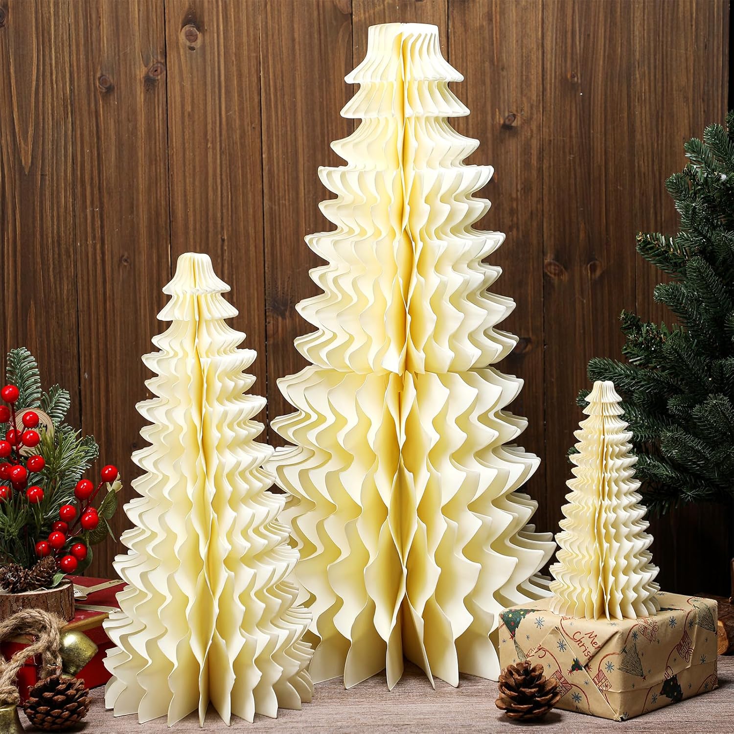 3 Pcs Large Paper Christmas Tree Decor 3D Honeycomb Christmas Trees Light up Vintage Table Centerpieces for Indoor Home Tabletop Mantel Decorations, 8/16/24 Inch