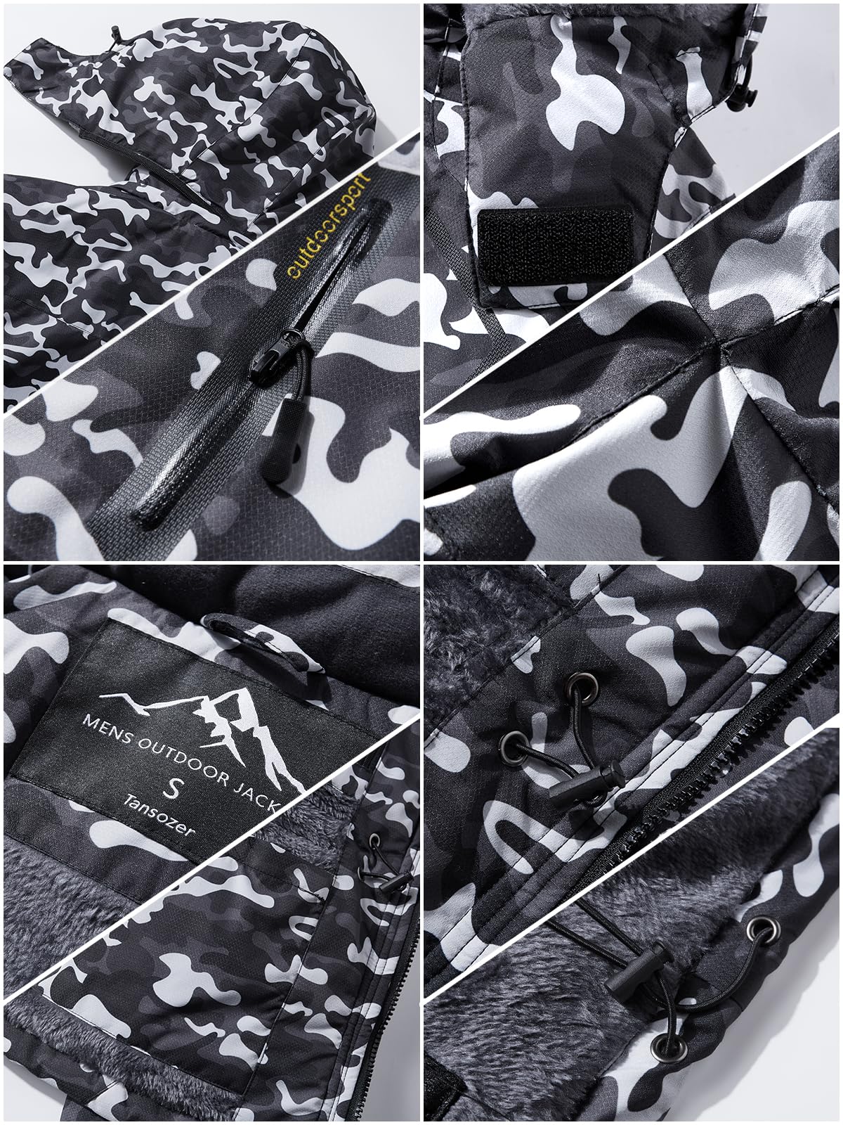 Tansozer Herren Wind- und Wasserdichte Winterjacke Warme Skijacke Gefütterte Outdoorjacke mit Abnehmbarer Kapuze (Camouflage Schwarz, L)